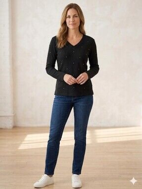 Quacker Factory Black Waffle Knit V-Neck Long Sleeve Sweater with Rhinestone